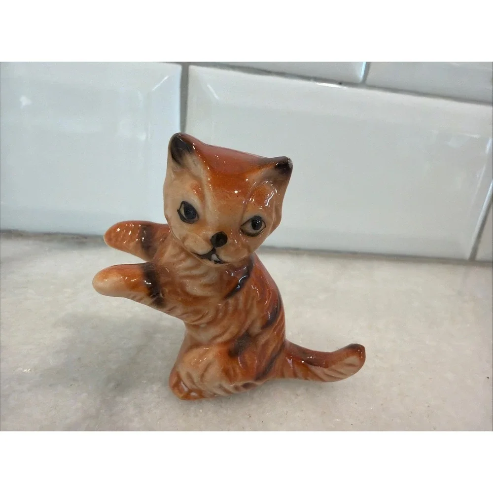 Miniature Genuine Bone China Standing Cat Figurine Orange Tabby Figurine 2